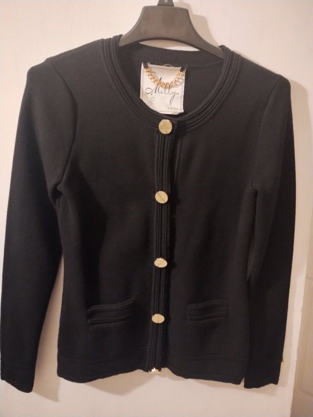 Milly Black Knit Cardigan Jacket 8 Gold Button Braided Trim Cottagecore Coquette